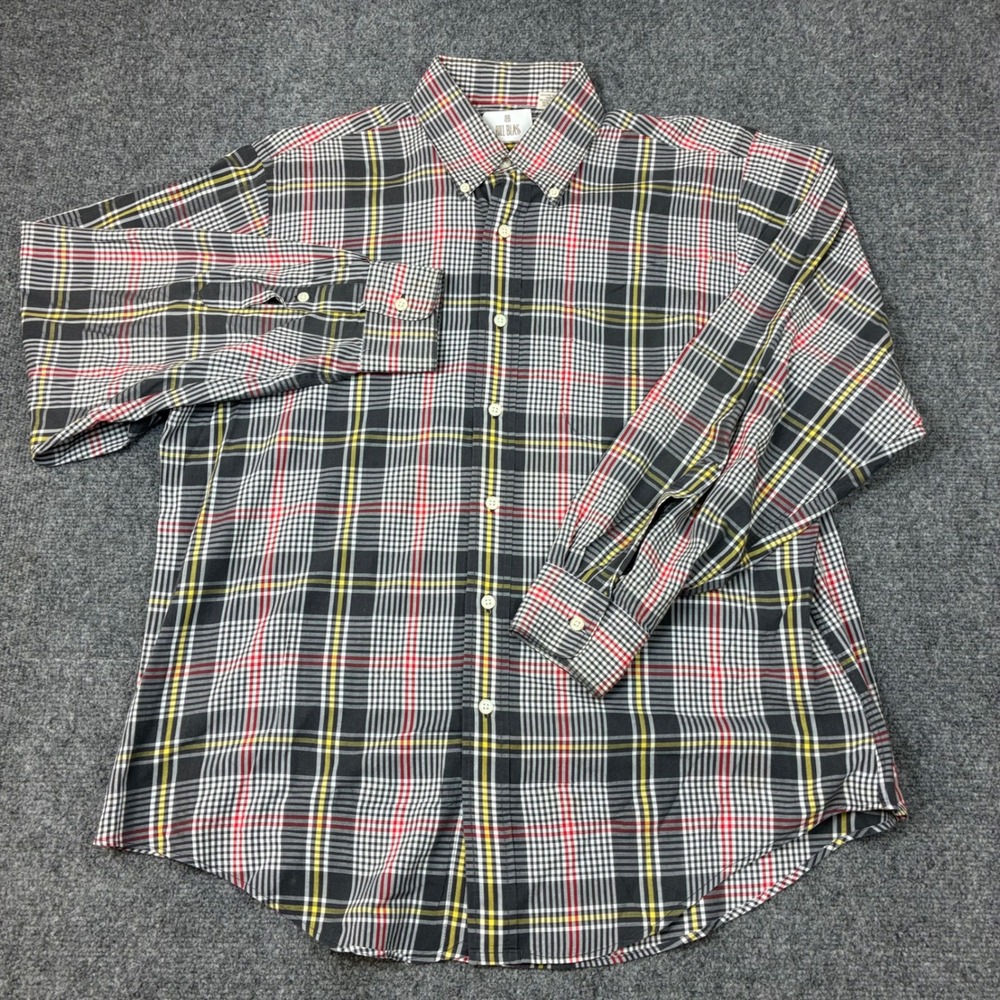Bill Blass Mens Size Large Plaid Button Down Shirt Black Red Yellow Long Sleeve